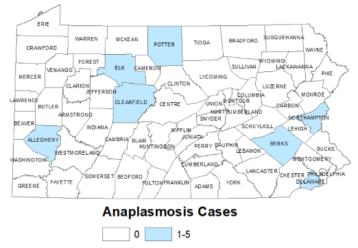 Map 1 – Anaplasmosis Cases by County in Pennsylvania, 2012