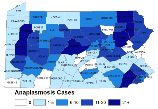 Map 2 – Anaplasmosis Cases by County in Pennsylvania, 2021